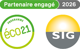 Logo des Services industriels genevois (SIG) et du programme ECO21 pour lequel Hestera est un partenaire engagé 2026