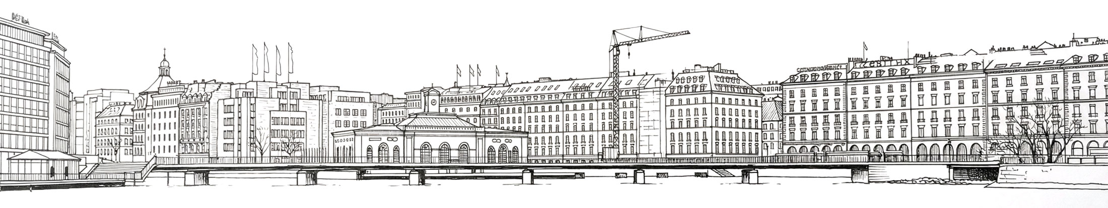 vue de la rade de Genève dessinée en référence aux audits énergétiques de bâtiments